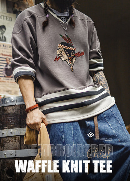 American Retro Waffle Long-Sleeved Embroidered Knitted Heavy Men's Sweater - Harmony Gallery