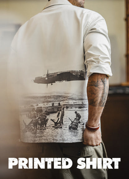 American Retro Print Cuban Collar Long Sleeve Oversized Silhouette Men's Shirt - Harmony Gallery