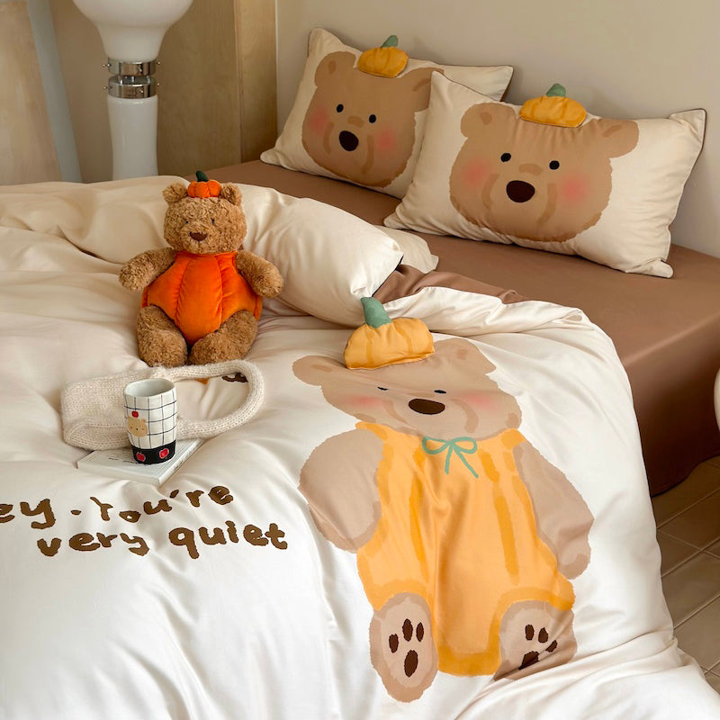 Cartoon Pumpkin Bear Fall And Winter Warm Cotton Sanded Four-Piece Bed Set - Harmony Gallery