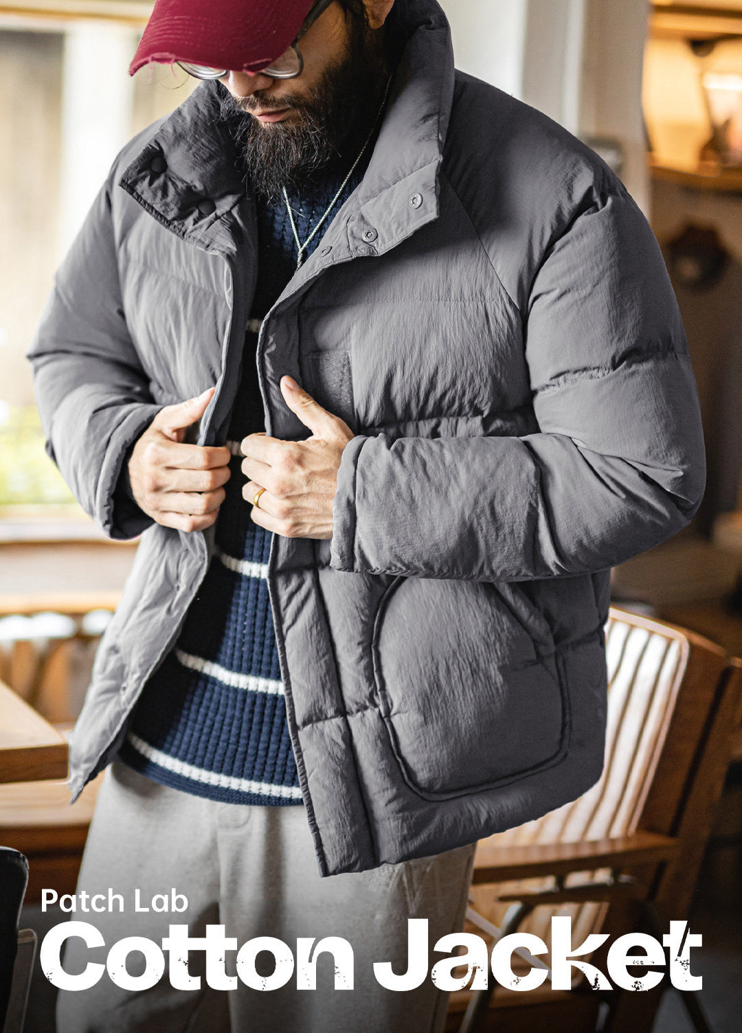 American Gray Cotton Raglan Sleeve Thickened Warm Cropped Men's Jacket - Harmony Gallery