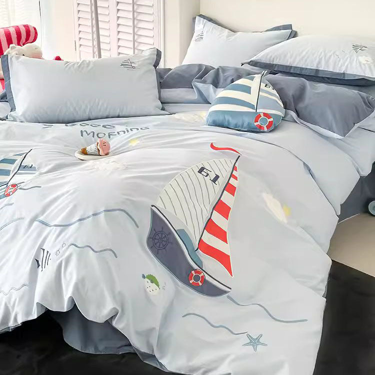 Cartoon Sailing Ship Washed Four-Piece Boys Pure Cotton Bed Set - Harmony Gallery