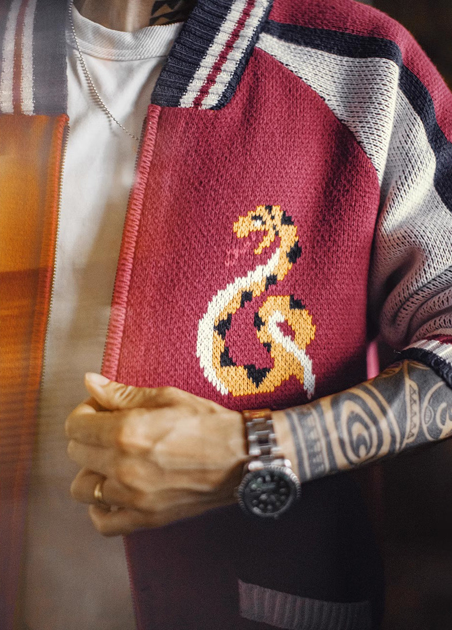 American Python Red Woolen Drape Cardigan Jacquard Keep Warm Men's Jacket - Harmony Gallery