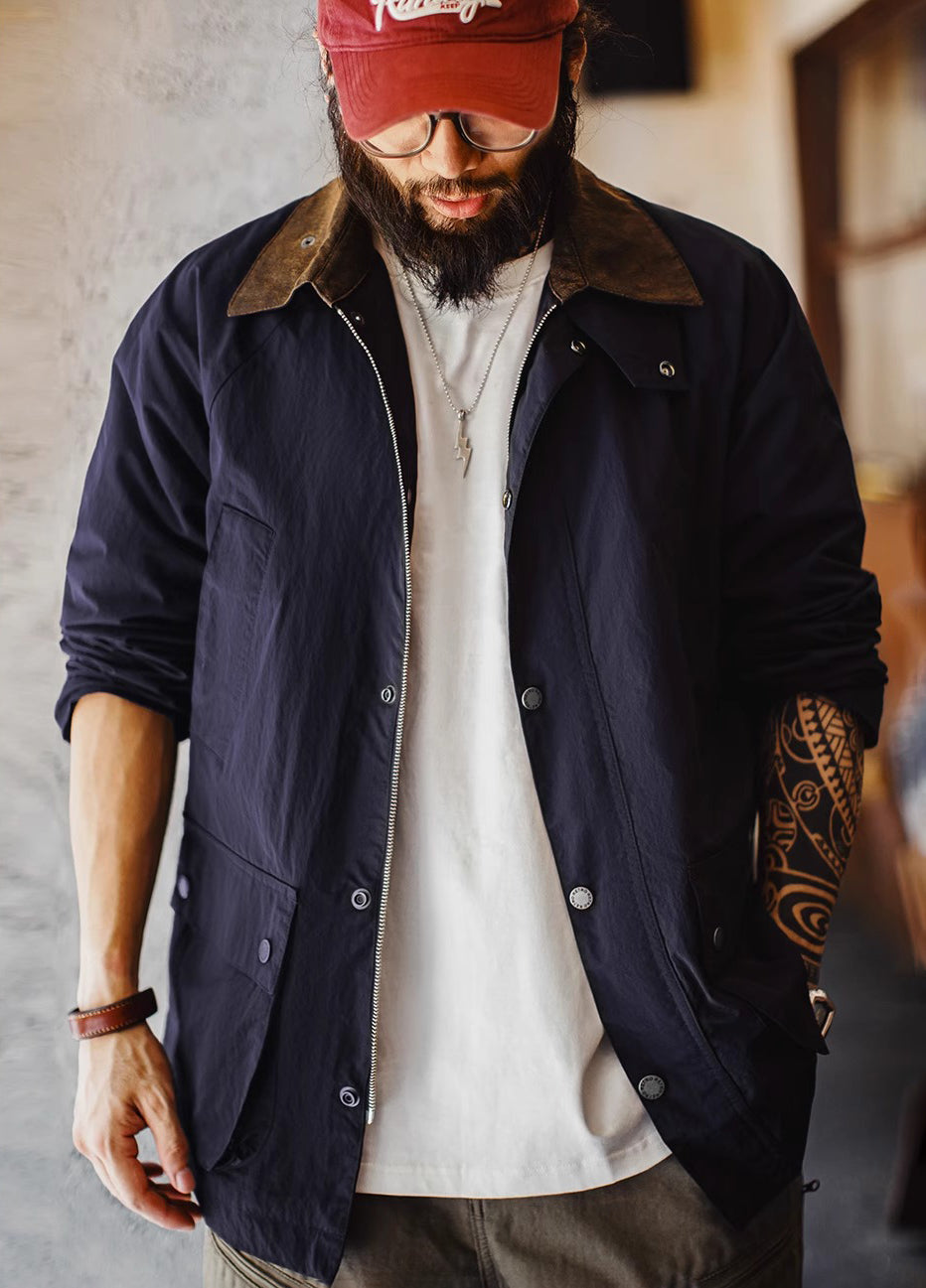 American Retro Safari Hunting Waterproof Blue Windbreaker Men's Jacket - Harmony Gallery