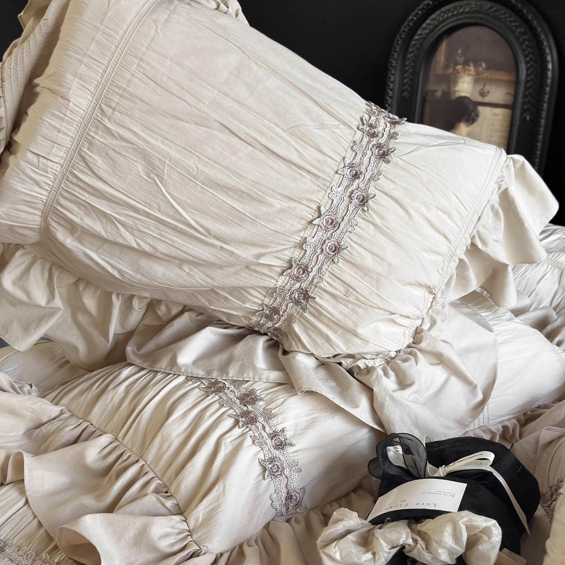 French Pleated Lace Washed Pure Cotton Four-Piece Bed Set - Harmony Gallery
