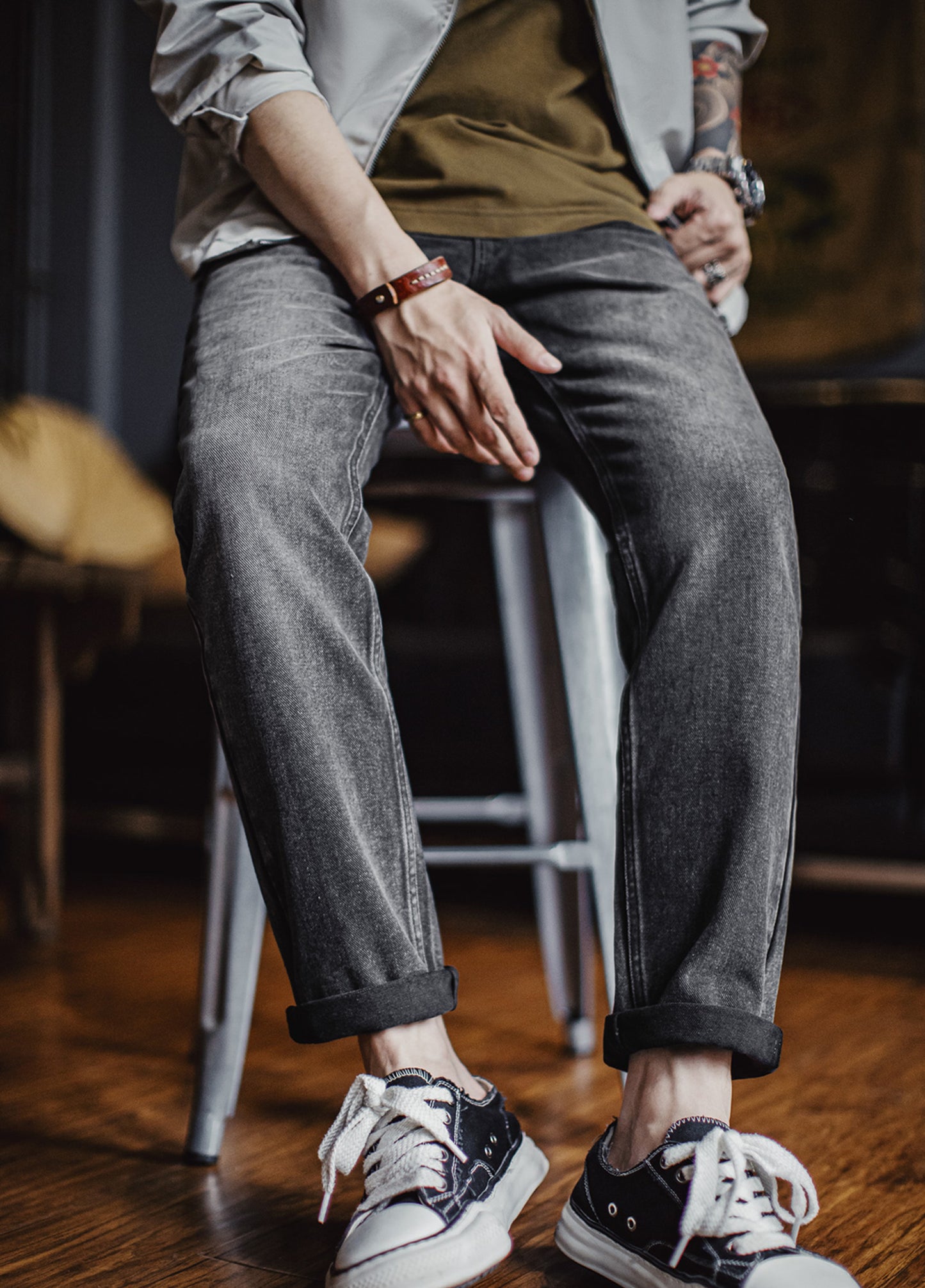 American Casual Washed Distressed Straight Slightly Tapered Carrot Men's Jeans - Harmony Gallery