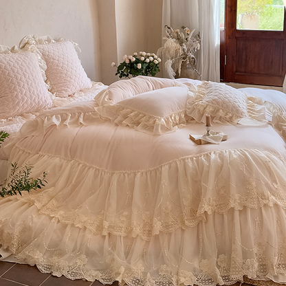 French Romantic Four-Pieces Thickened Warm Double-Sided Baby Lace Trim Bed Set