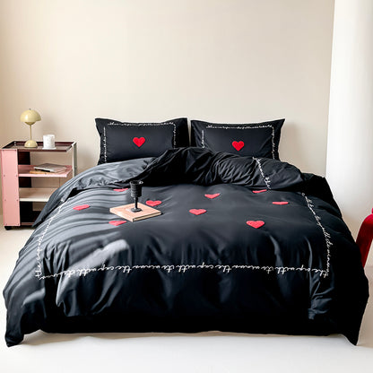 Light Luxury High-End Black Love Four-Piece Pure Cotton Bed Set