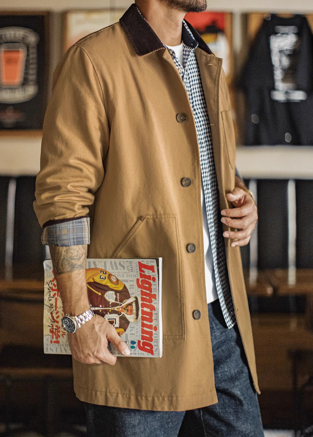 American Retro Michigan Trench Khaki Barn Mid-Length Daily Men's Jacket - Harmony Gallery