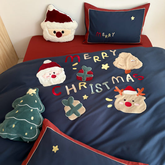 Winter Santa Claus Thickened All-Cotton Brushed Warm Four-Piece Bed Set