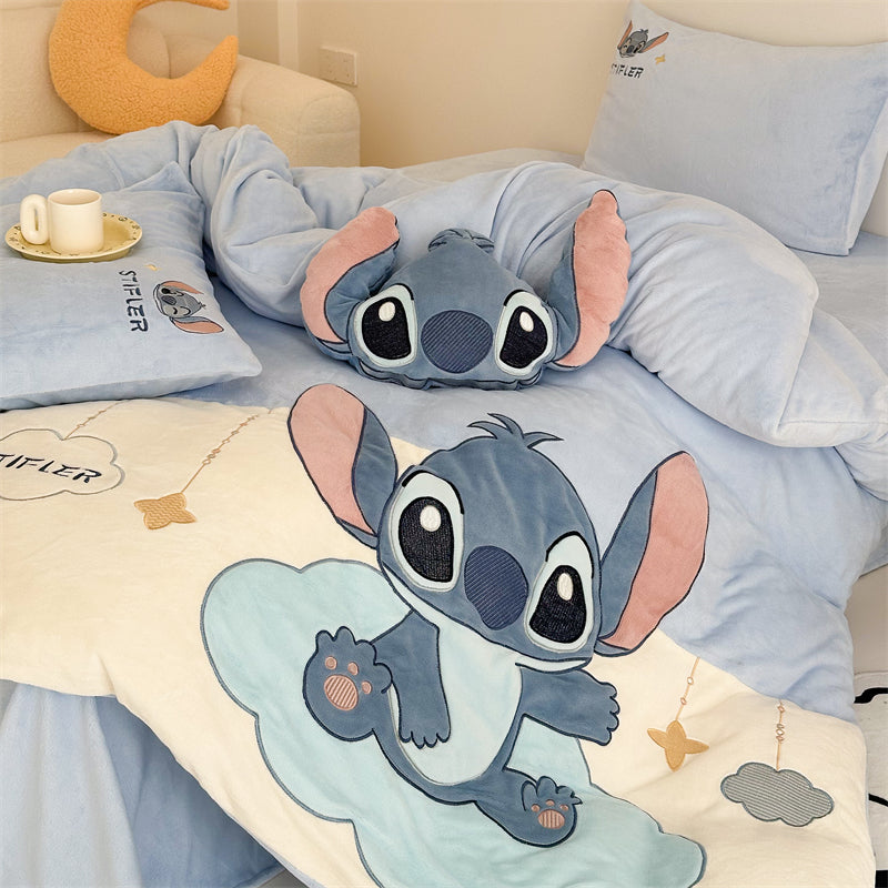 Cartoon Stitch Milk Velvet Winter Heat Storage Four-Piece Bed Set