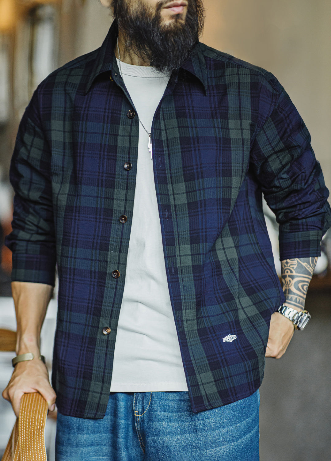 American Retro Blue-Green Plaid Embroidery Texture Thin Men's Shirt - Harmony Gallery