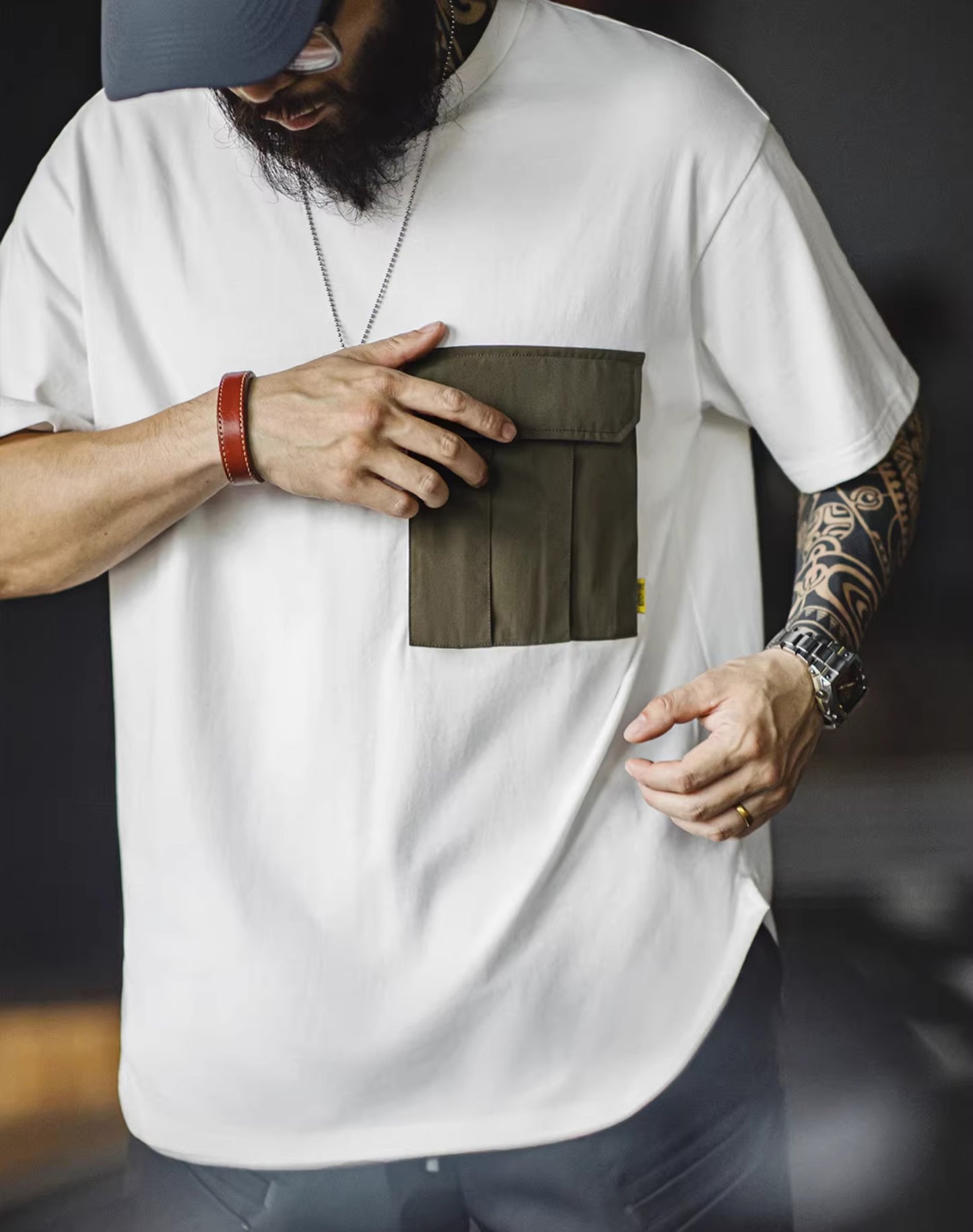 Camiseta masculina americana retrô M51 com costura de bolso e algodão dividido
