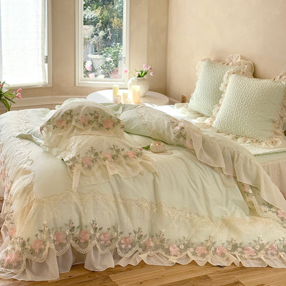French Princess Cotton Long-Staple Four-Piece Lace Trim Mattress Protector Bed Set