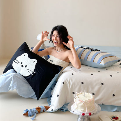 Black Polka Dot Cat Pure Cotton Skin-Friendly Four-Piece Bed Set