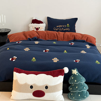 Christmas Winter Thickened Faux Cashmere Four-Piece Warm Fleece Bed Set
