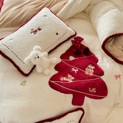 Christmas Cartoon Red Tree Thickened Lambskin Four-piece Warm Winter Bed Set - Harmony Gallery