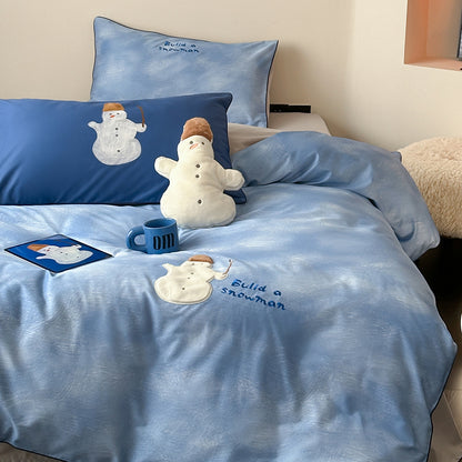 Cartoon Cute Blue Snowman Pure Cotton Skin-Friendly Four-Piece Bed Set