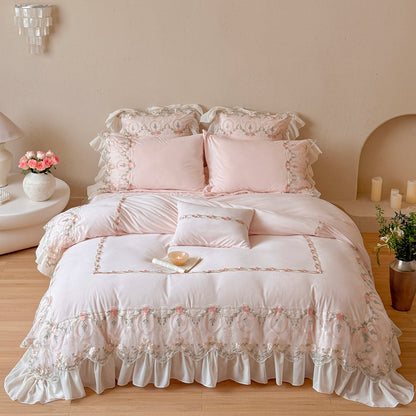 French Fleece Lace Trim Thickened Mattress High Density Four-Piece Bed Set