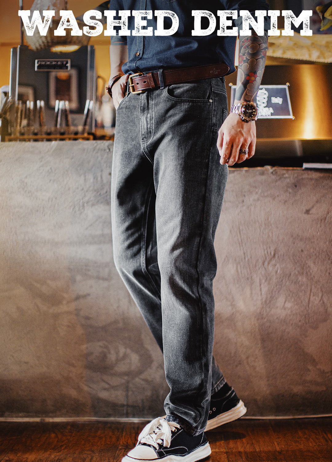 American Casual Washed Distressed Straight Slightly Tapered Carrot Men's Jeans - Harmony Gallery