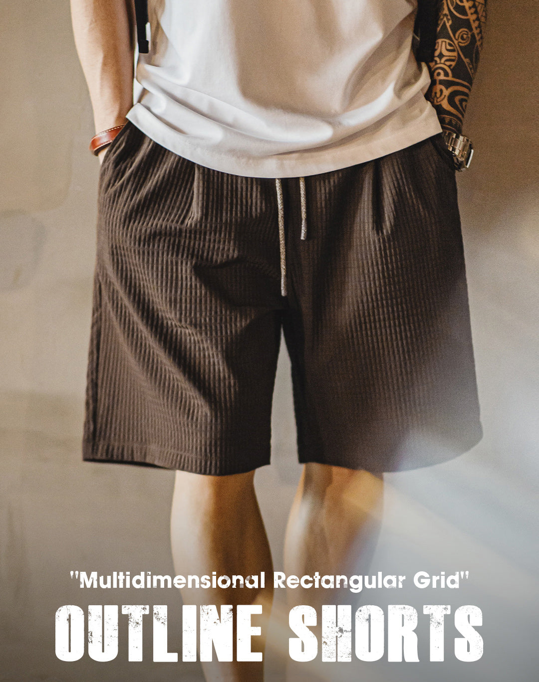 Shorts masculino casual americano com silhueta quadrada e textura antirrugas