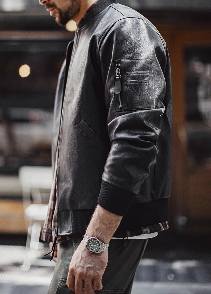 American MA1 Pilot Leather Handsome Short Lychee Pattern Men's Jacket - Harmony Gallery