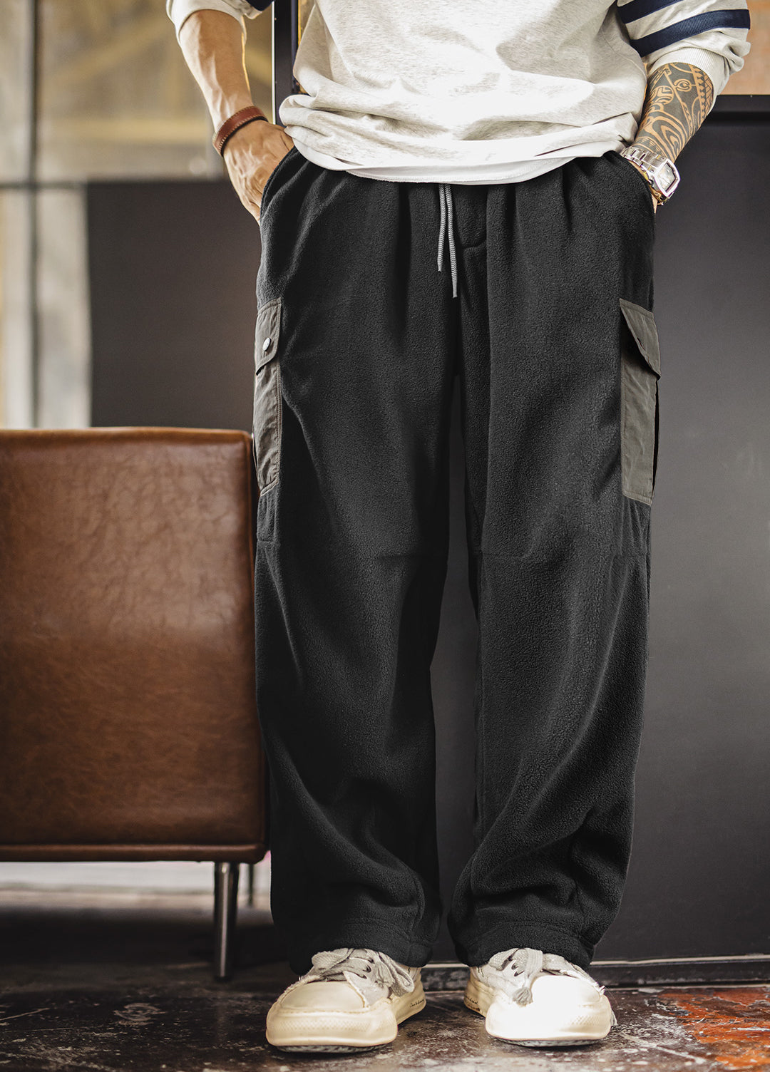 American Retro Double-Sided Fleece Sweatpants Warm Multi-Pocket Men's Trousers