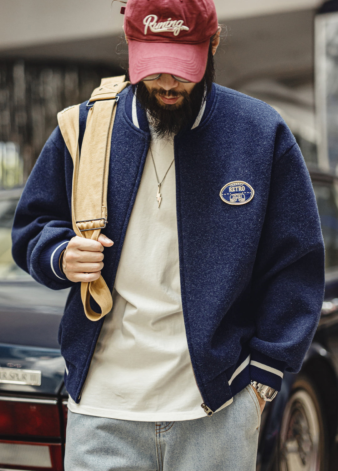 American Retro Blue Knit Baseball With Embroidered Daily Men's Jacket - Harmony Gallery