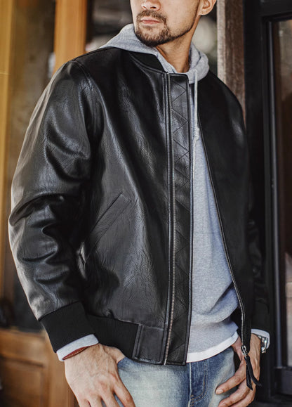 American MA1 Pilot Leather Handsome Short Lychee Pattern Men's Jacket - Harmony Gallery