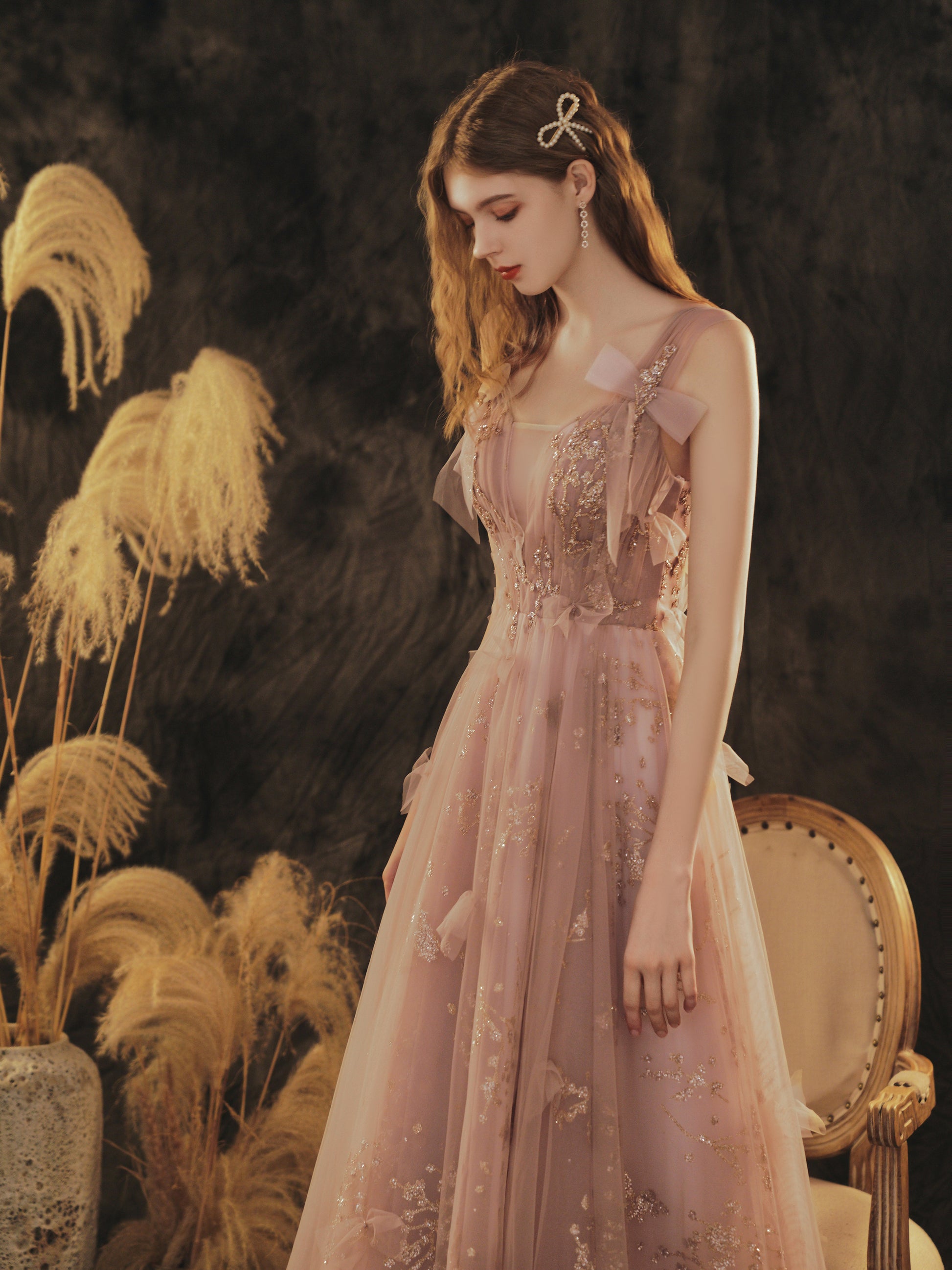 Elegant Rose Gold Glitter Tulle Evening Gown with Bow Accents Elegant Rose Gold Glitter Tulle Evening Gown with Bow Accents