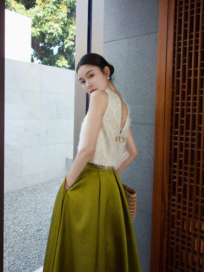 Elegant Two-Piece White Textured Sleeveless Top with Flowing Olive Green Maxi Skirt - Harmony Gallery