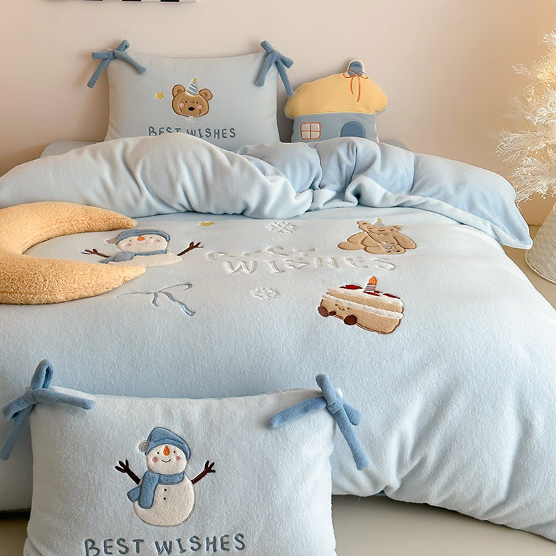 Winter Snowman Bear Thickened Cashmere Four-Piece Warm Milk Velvet Bed Set