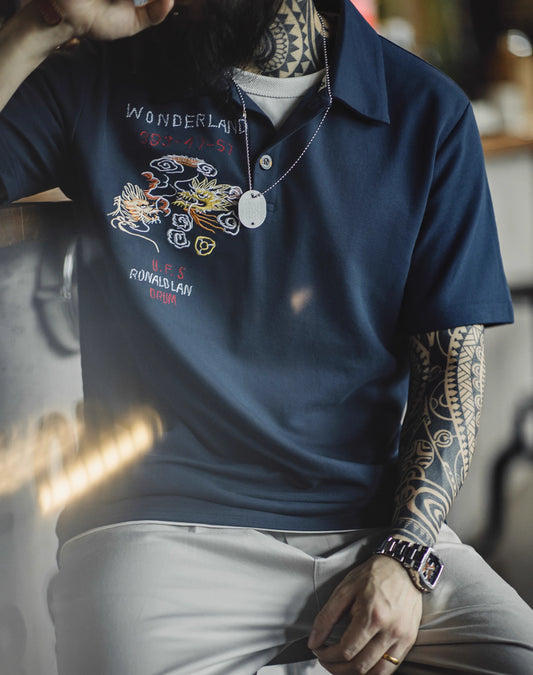 American Workwear 레트로 자수 폴로 니트 남성 티셔츠