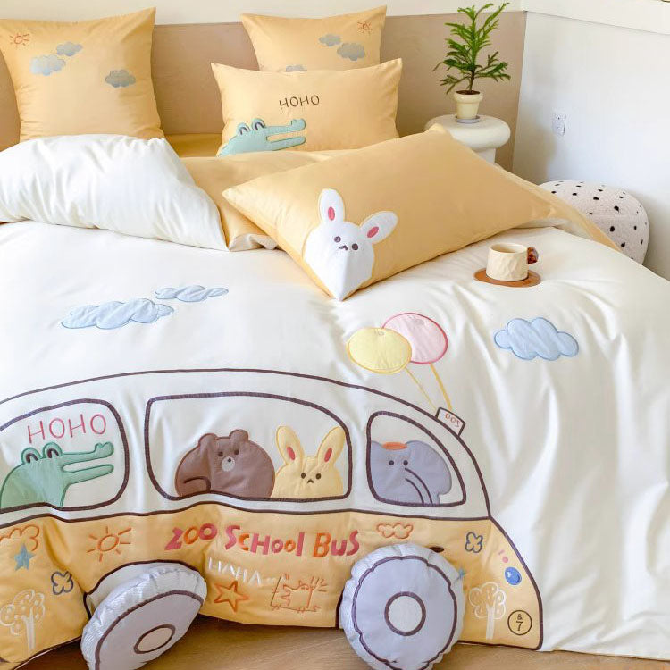 Cartoon Happy Bus Zoo School Four-Piece Pure Cotton Bed Set - Harmony Gallery