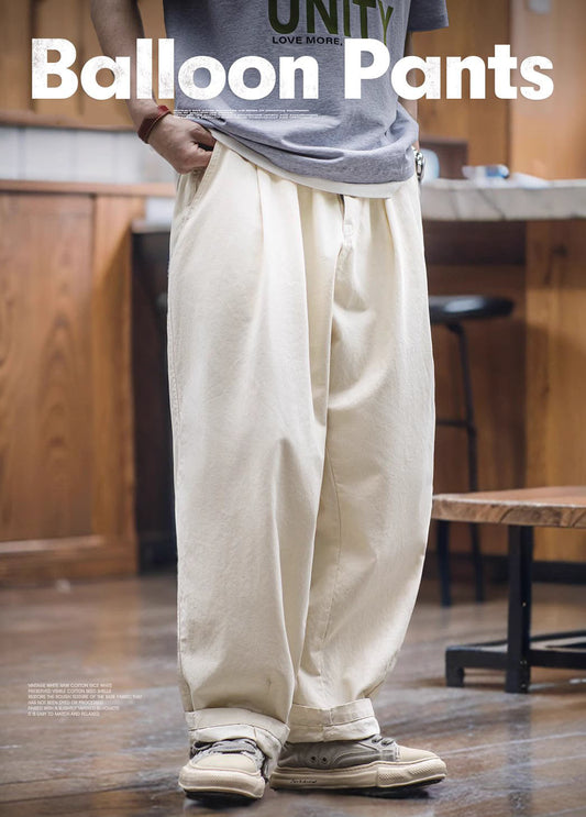 American Retro Cottonseed Shell Deck City Boy Wide-Leg Men's Trousers - Harmony Gallery