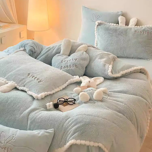 Cute Cartoon Rabbit Velvet Warm Double-Sided Four-Piece Bed Set - Harmony Gallery