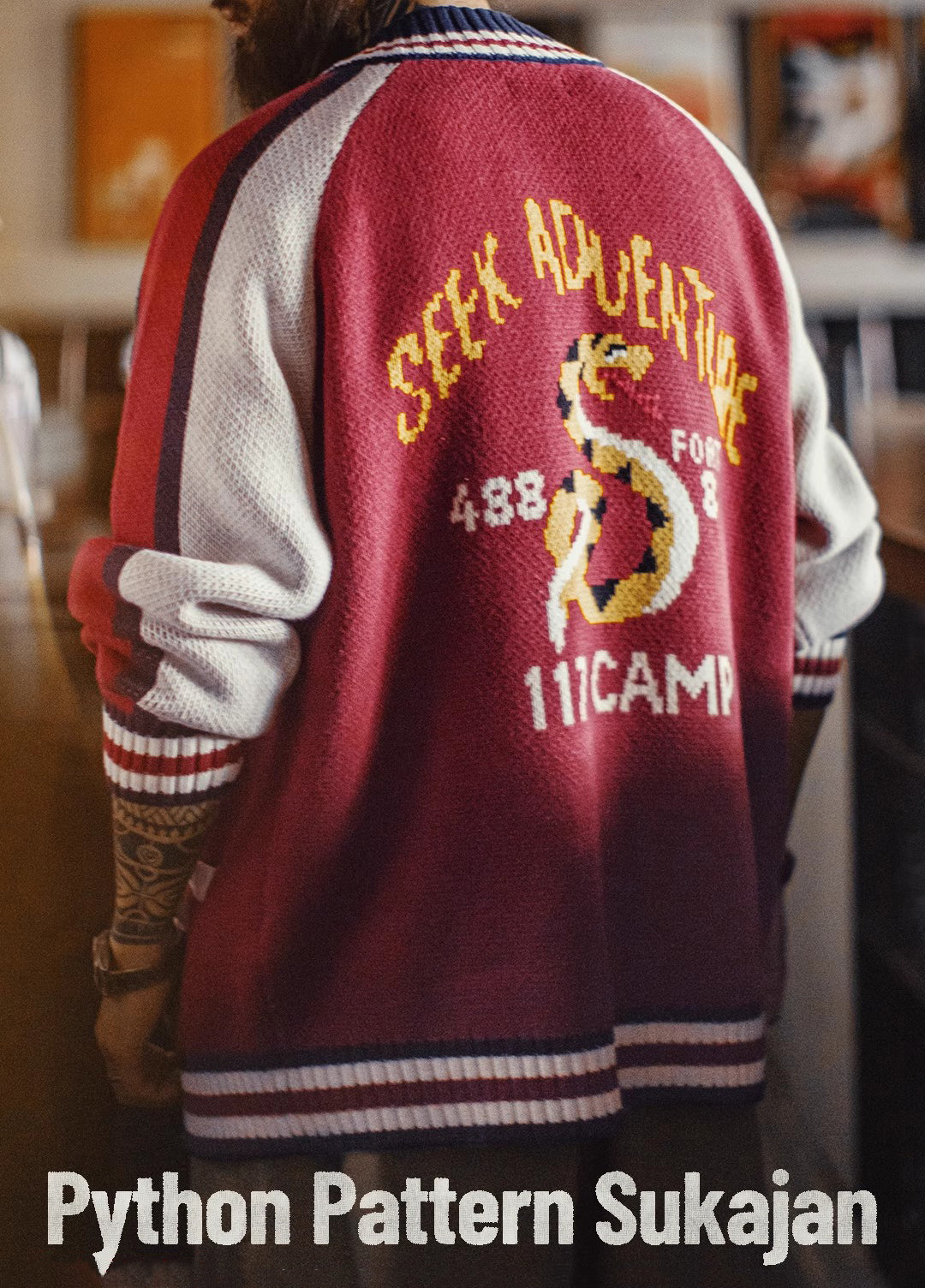 American Python Red Woolen Drape Cardigan Jacquard Keep Warm Men's Jacket - Harmony Gallery