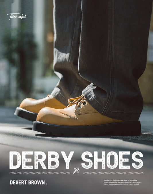 Derby Big Head Workwear Low-Top Yellow Leather Men's Dress Shoes