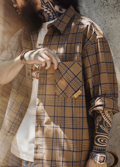 American Retro Plaid Thin Long-Sleeved Pure Cotton Brown Men's Shirt - Harmony Gallery