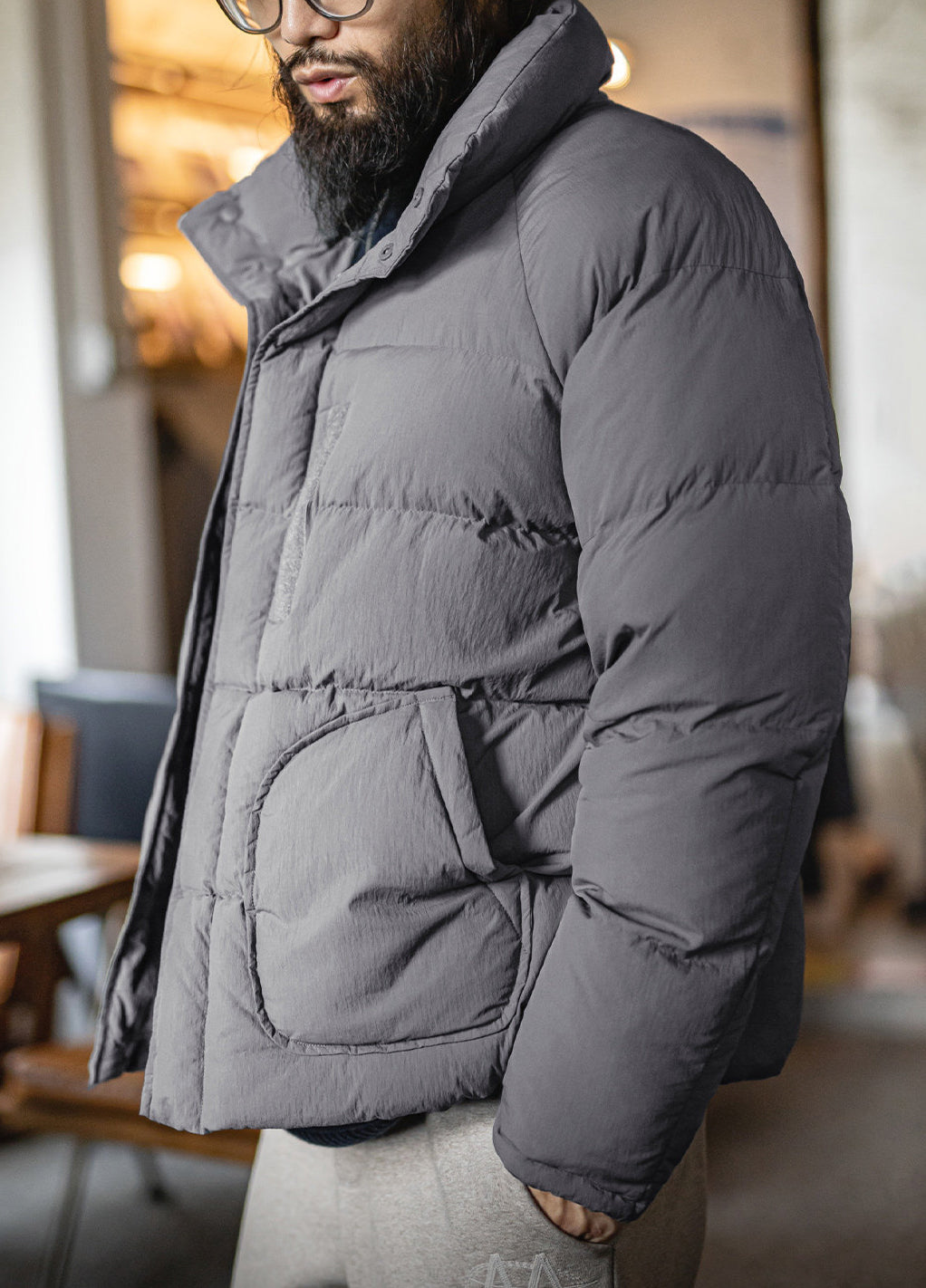 American Gray Cotton Raglan Sleeve Thickened Warm Cropped Men's Jacket - Harmony Gallery