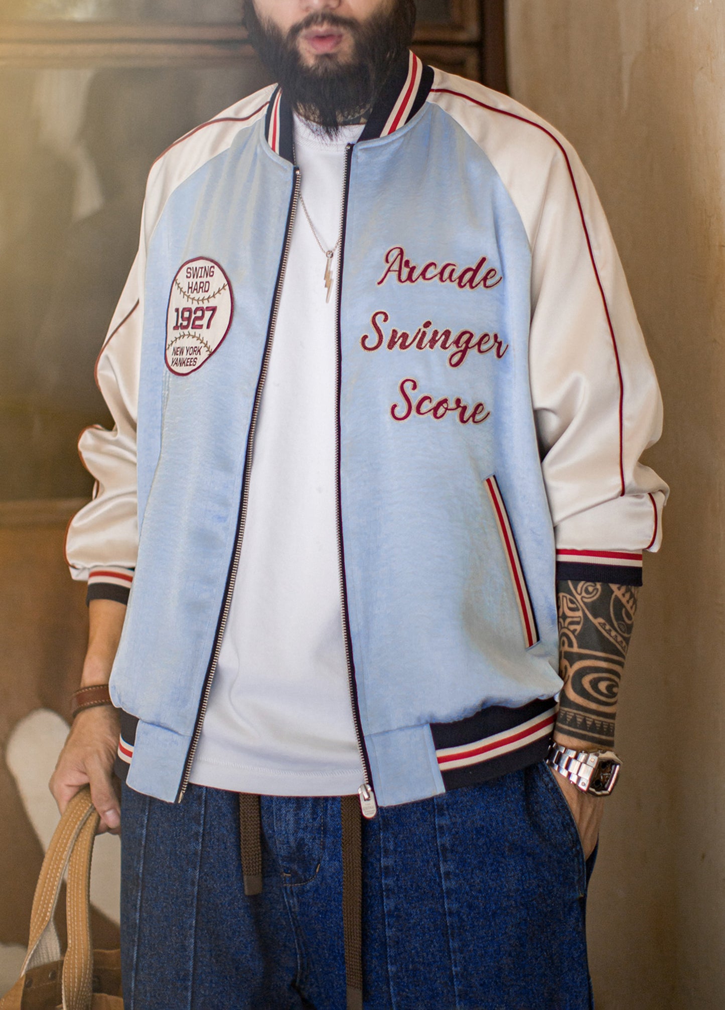 American Cloud And Water Color Embroidery Baseball Handsome Satin Men's Jacket - Harmony Gallery