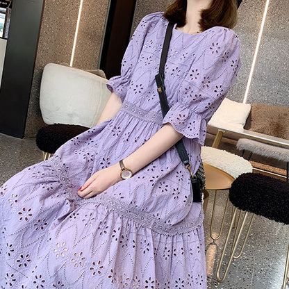 French Lavender Purple Sweet Puff Loose Women's Dress