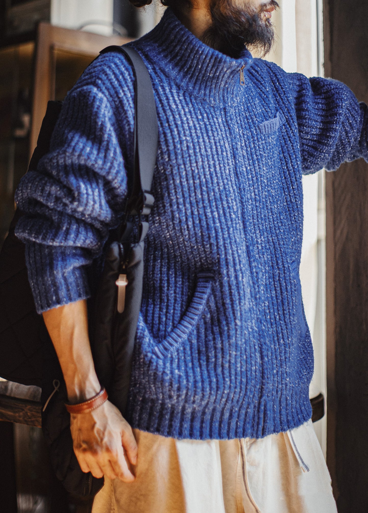 American Ice Blue Cardigan Thick High Neck Warm Knitwear Winter Men's Jacket