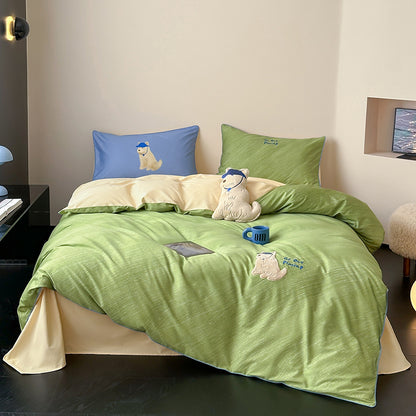 Cartoon Cute Green Puppy Pure Cotton Skin-Friendly Four-Piece Bed Set