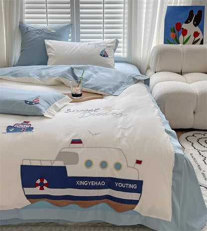 Juego de cama de algodón puro de cuatro piezas con diseño de navegador lindo de dibujos animados