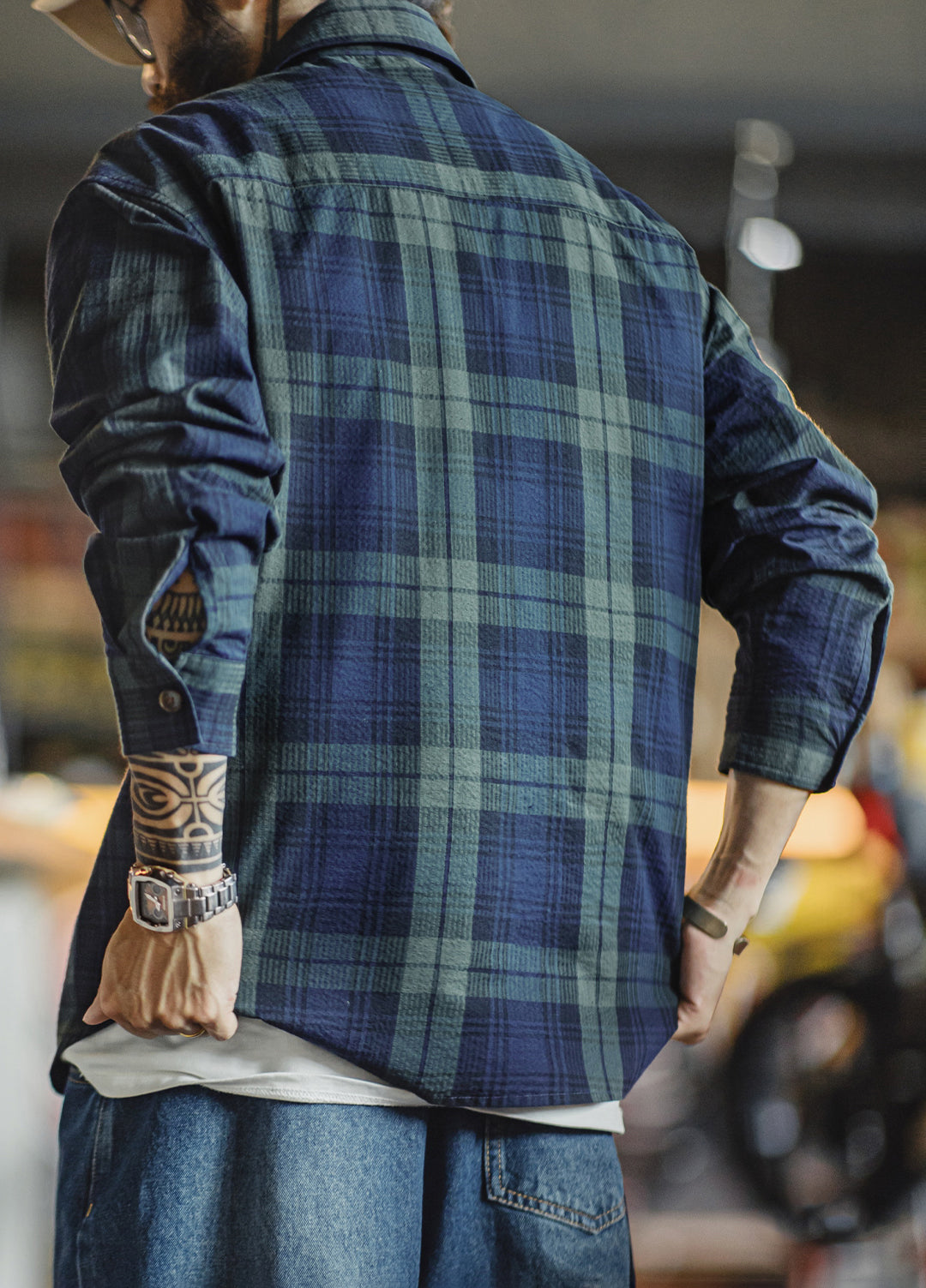 American Retro Blue-Green Plaid Embroidery Texture Thin Men's Shirt - Harmony Gallery