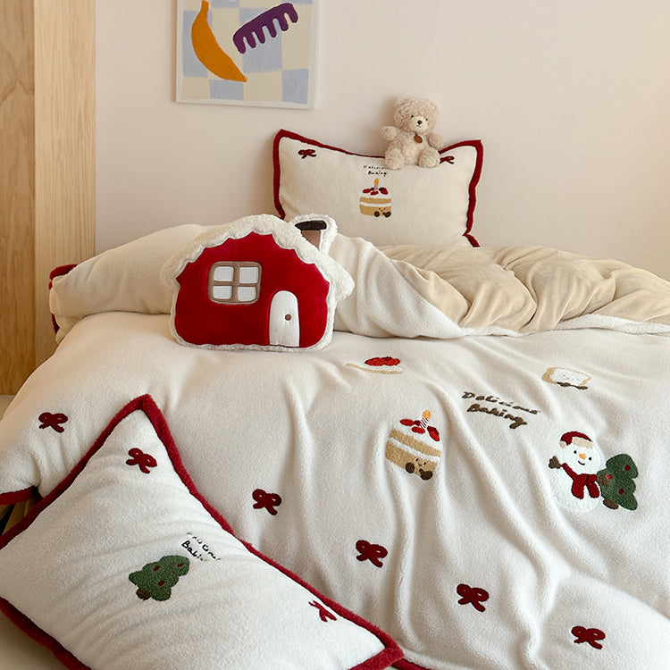 Winter Creamy Cake Snowman Thickened Cashmere Four-Piece Fleece Bed Set