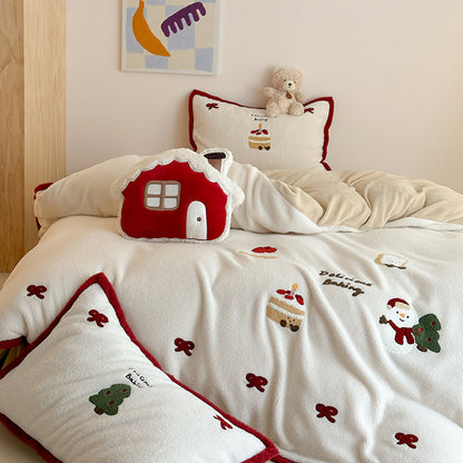 Winter Creamy Cake Snowman Thickened Cashmere Four-Piece Fleece Bed Set