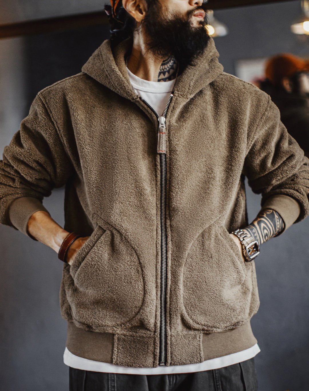 American Retro Fleece Cardigan Hoodie Thickened Warm Fleece Men's Jacket