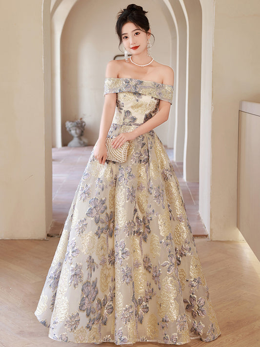 Elegant Off-Shoulder Gold and Blue Floral Embroidered Ball Gown Dress - Harmony Gallery