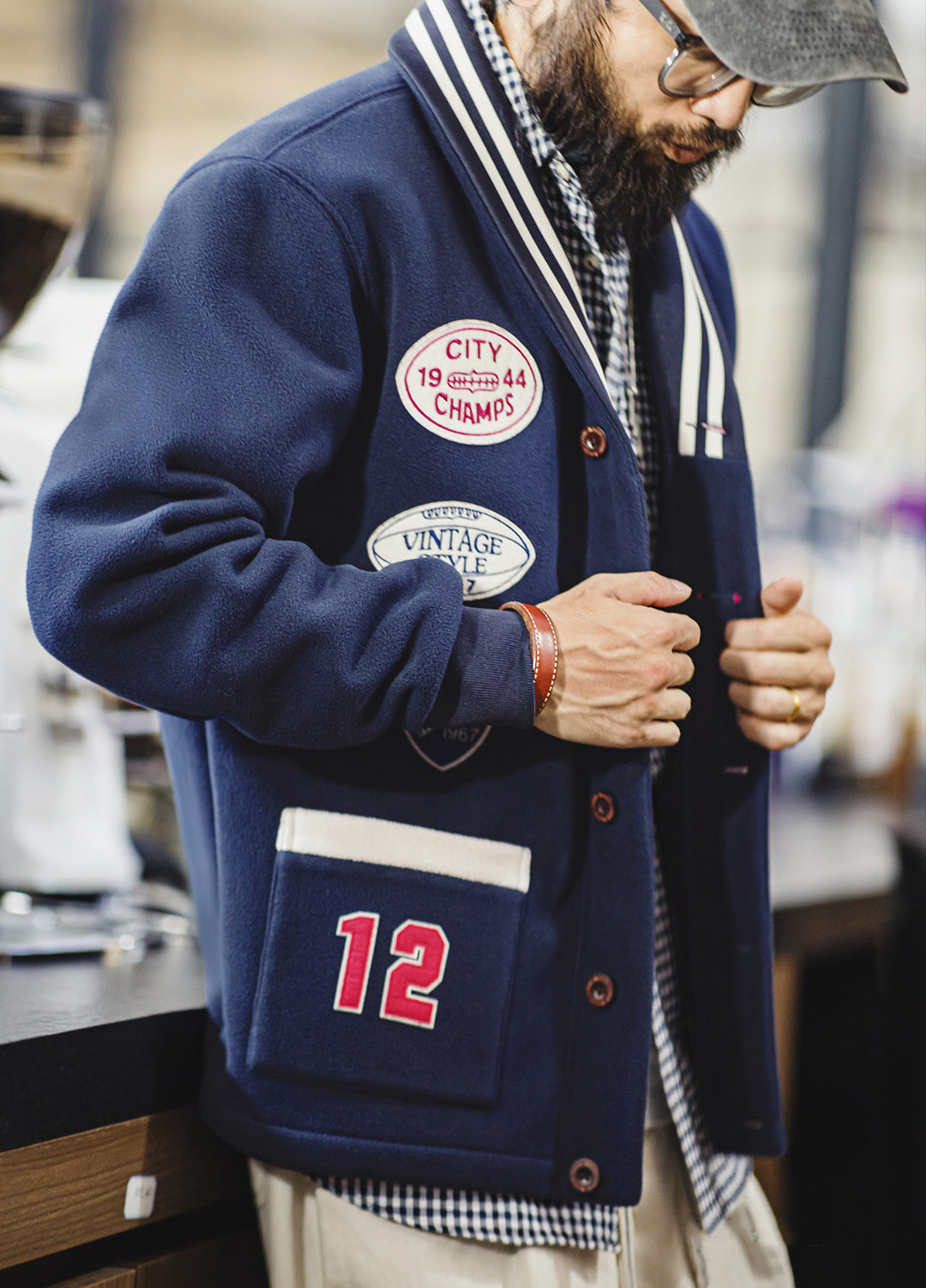 American Retro Shawl Collar Cardigan Fleece Warm Short Baseball Men's Jacket